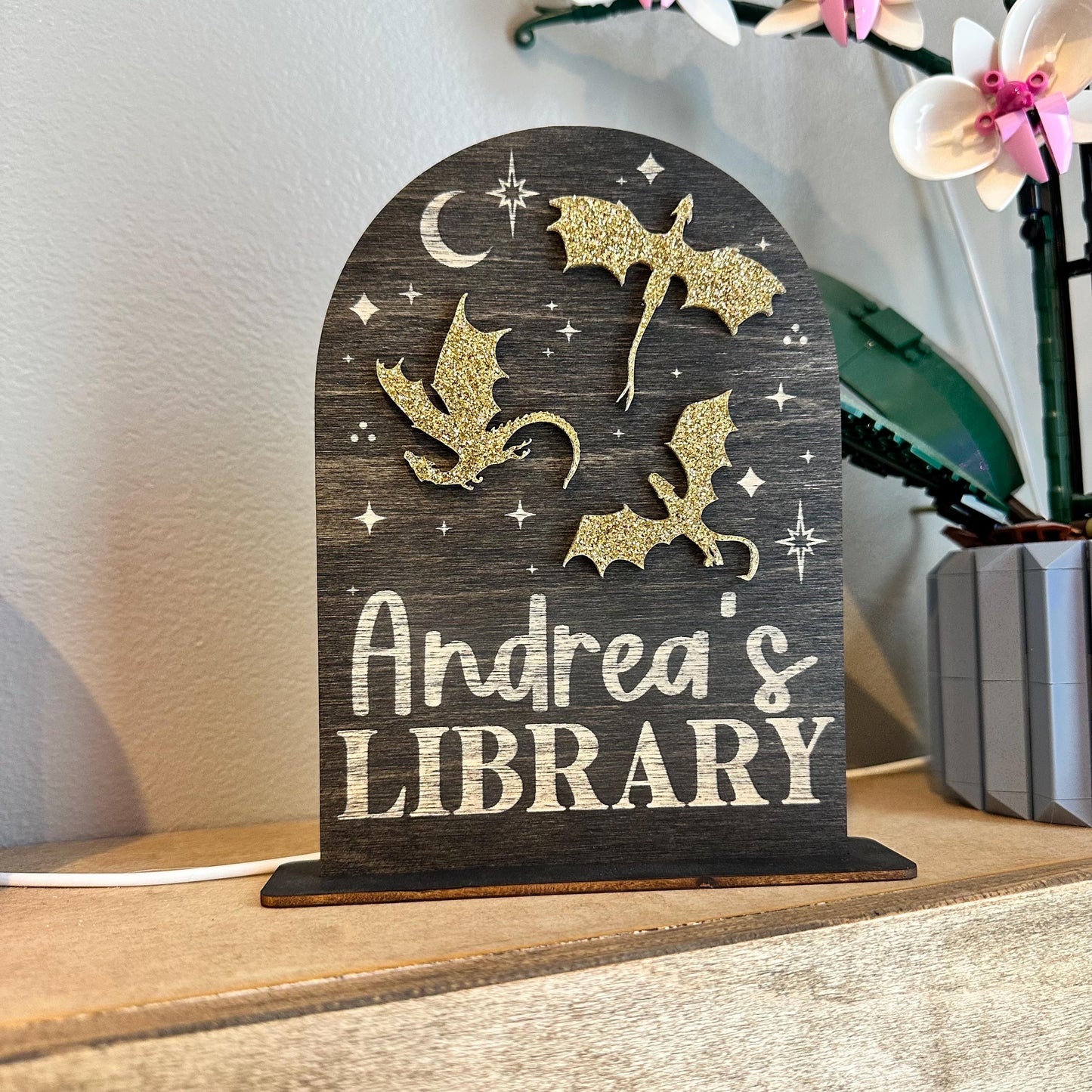 Custom Engraved Gold Dragon Library Sign