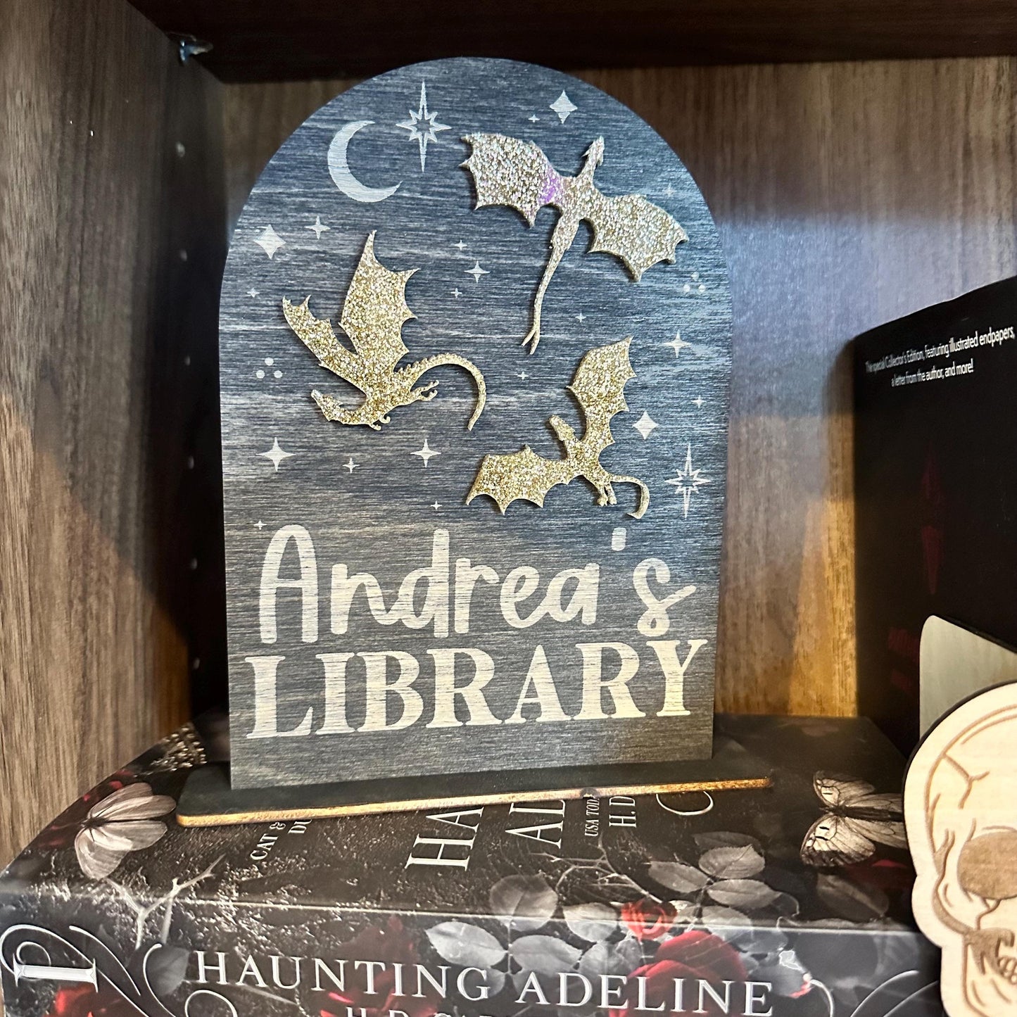 Custom Engraved Gold Dragon Library Sign