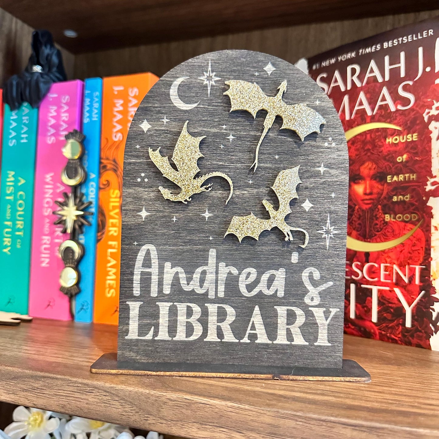 Custom Engraved Gold Dragon Library Sign